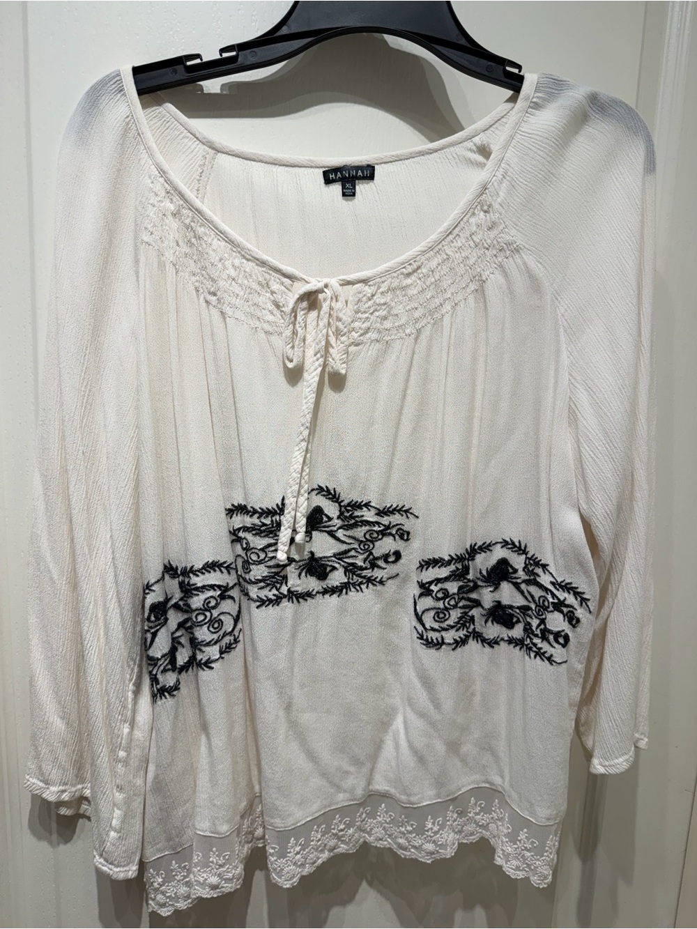 HANNAH Cream Peasant Blouse with Black Floral Embroidery